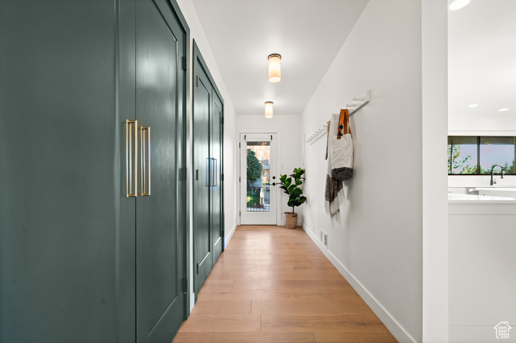 Hallway featuring plenty of natural light, light wood-type flooring, and sink