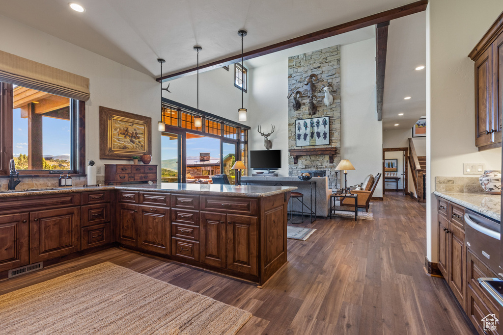 Kitchen with light stone countertops, high vaulted ceiling, dark hardwood / wood-style flooring, and pendant lighting