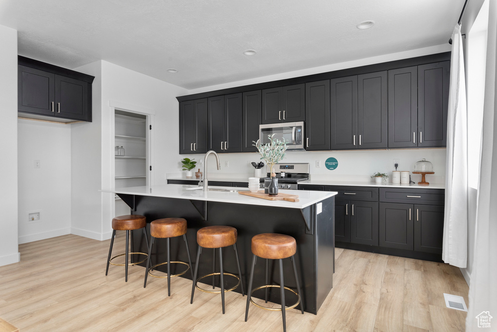 Kitchen featuring light hardwood / wood-style floors, appliances with stainless steel finishes, and a center island with sink