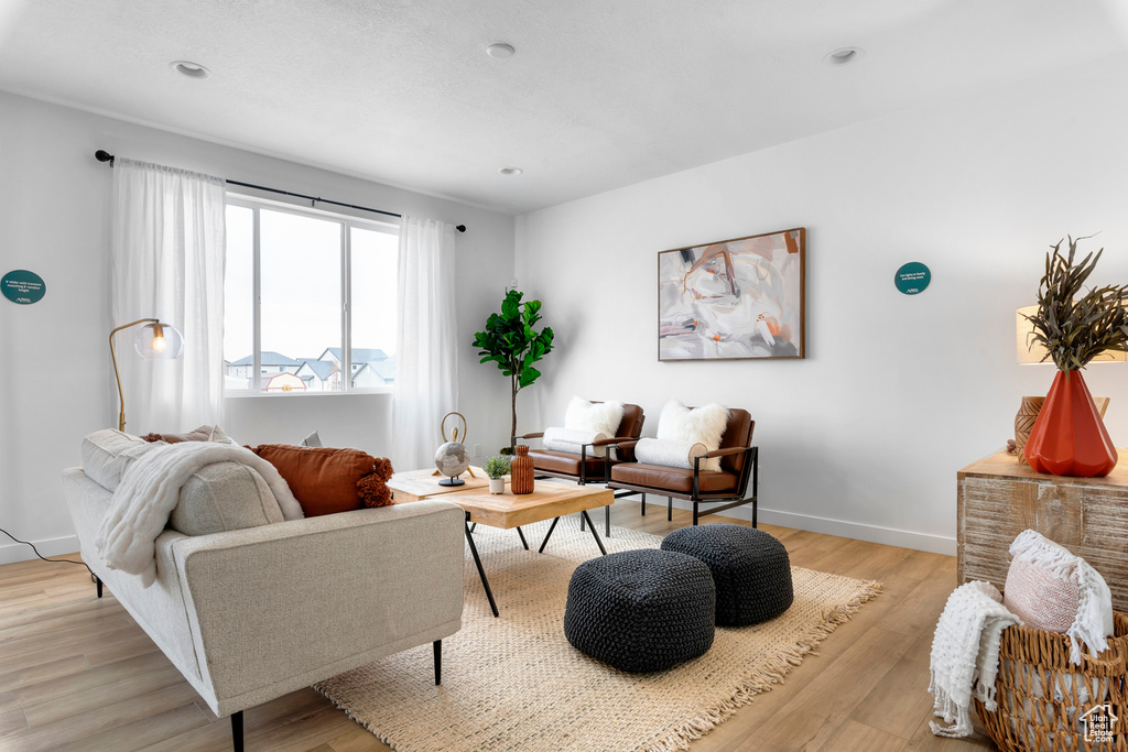 Living room with light hardwood / wood-style floors