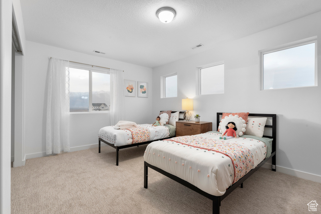 Bedroom with light colored carpet and multiple windows
