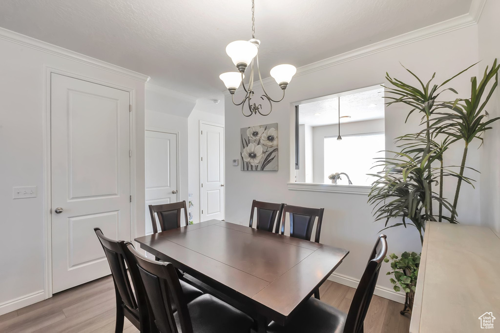 Dining room featuring a chandelier, light hardwood / wood-style floors, and crown molding