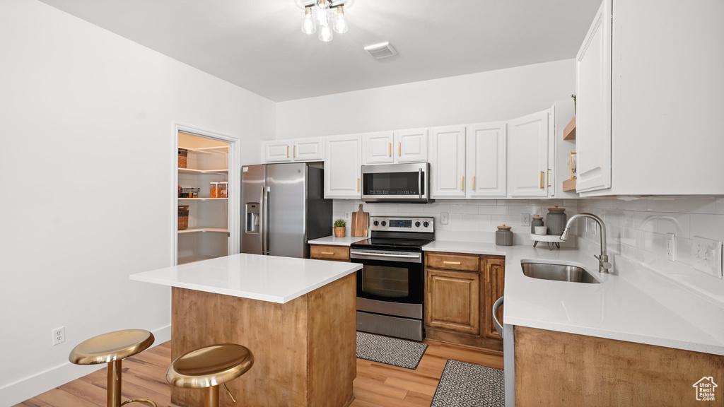 Kitchen with stainless steel appliances, light hardwood / wood-style floors, white cabinetry, backsplash, and sink