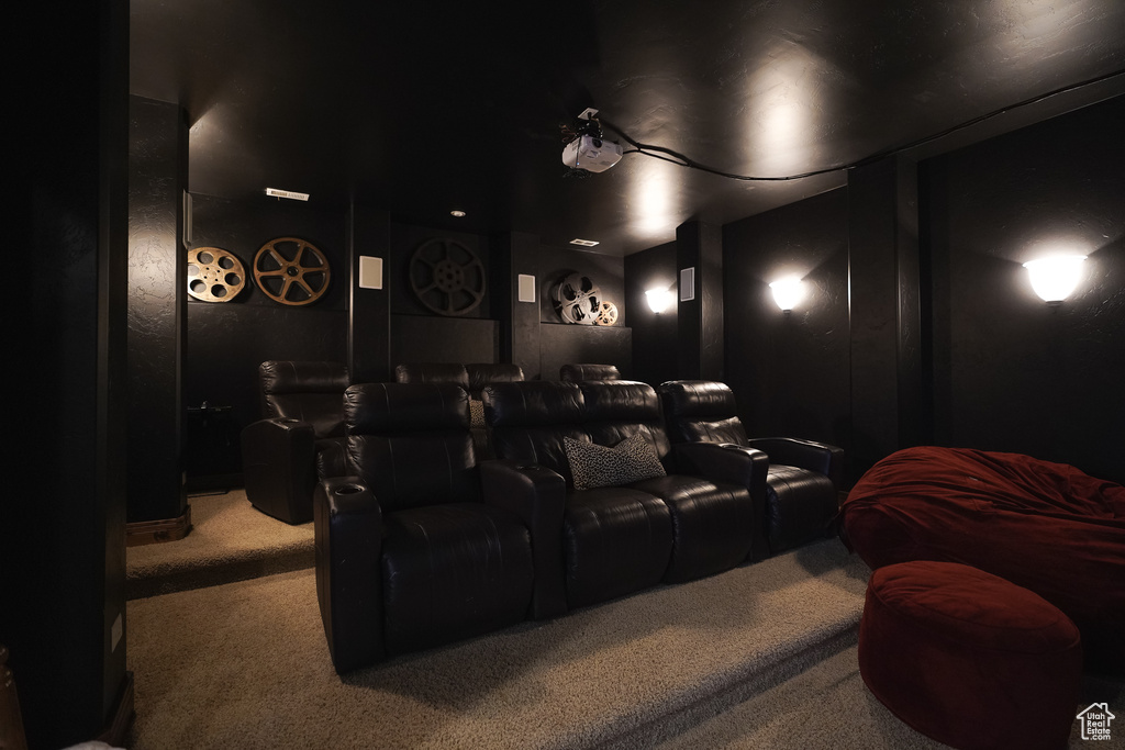 Home theater with carpet flooring