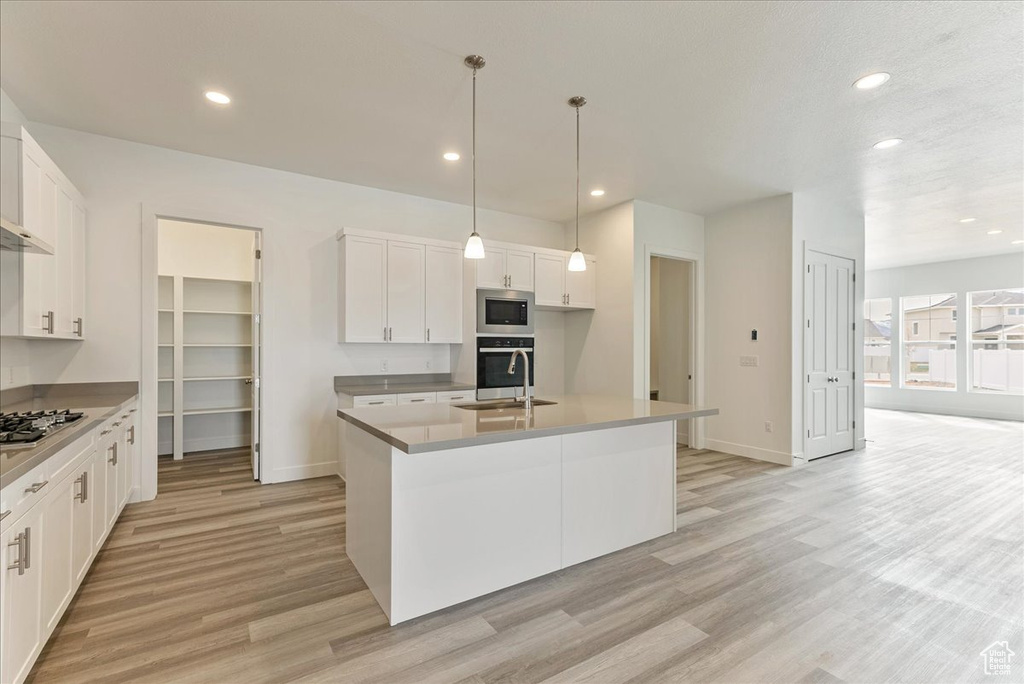 Kitchen featuring white cabinets, an island with sink, stainless steel appliances, and light hardwood / wood-style floors