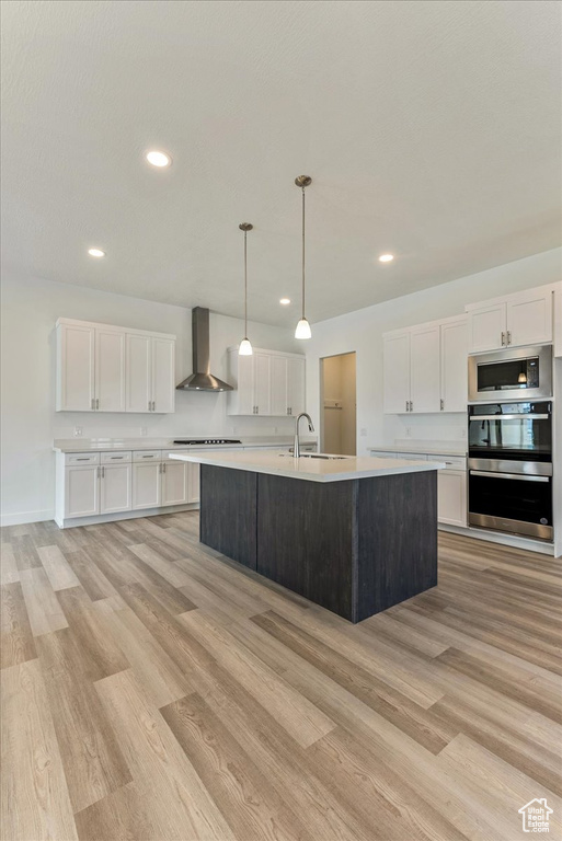 Kitchen with stainless steel appliances, white cabinetry, wall chimney exhaust hood, and light hardwood / wood-style floors