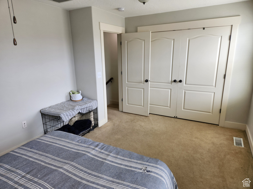 Carpeted bedroom featuring a closet
