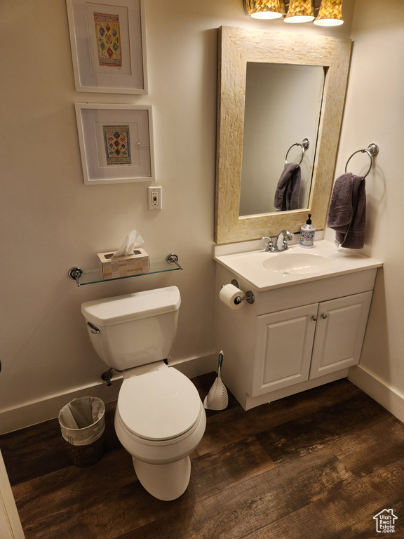Bathroom with toilet, hardwood / wood-style floors, and vanity with extensive cabinet space