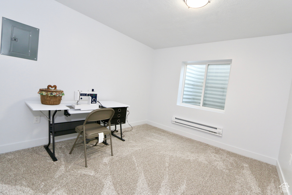 Office area with light carpet and baseboard heating
