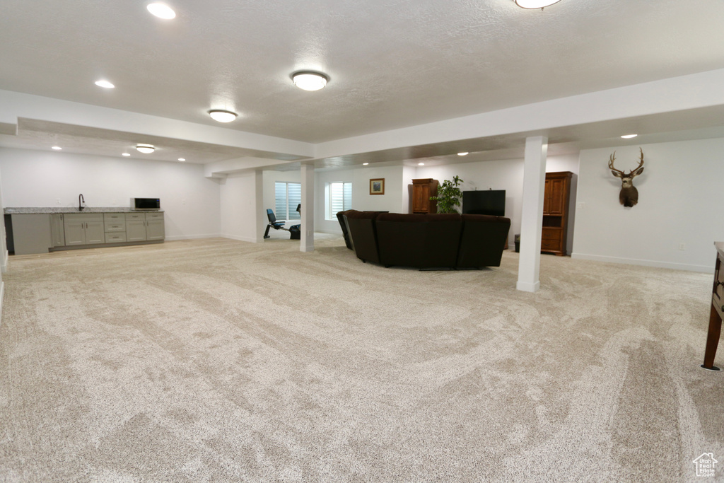 Basement with light carpet and sink