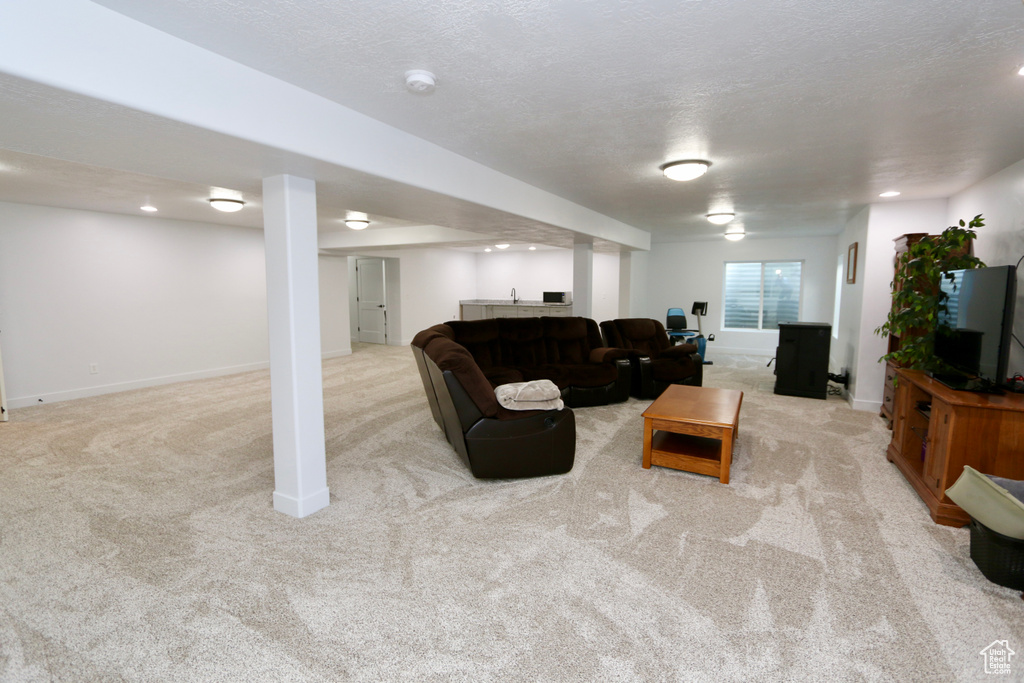Living room with light colored carpet and a textured ceiling