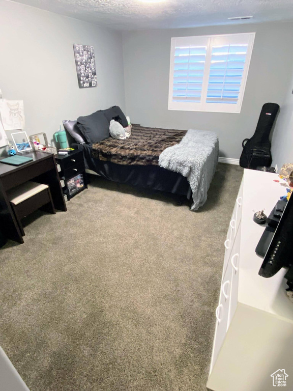 Bedroom featuring carpet floors and a textured ceiling