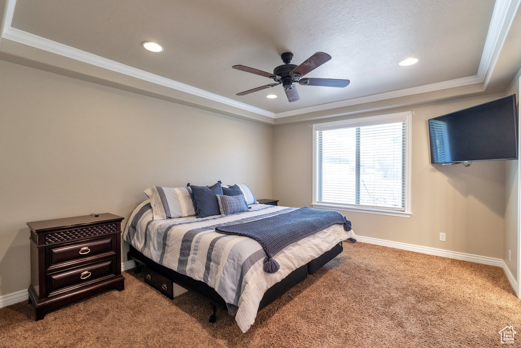 Bedroom featuring a raised ceiling, ceiling fan, dark colored carpet, and crown molding