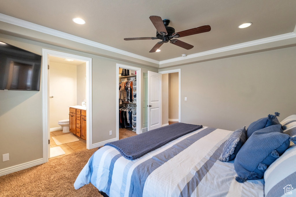 Carpeted bedroom featuring a spacious closet, a closet, ceiling fan, connected bathroom, and ornamental molding