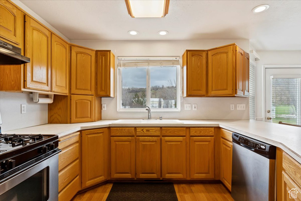 Kitchen with plenty of natural light, stainless steel dishwasher, and light hardwood / wood-style flooring