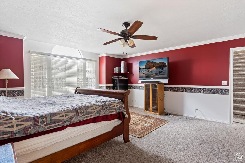 Carpeted bedroom featuring ceiling fan, a textured ceiling, and crown molding