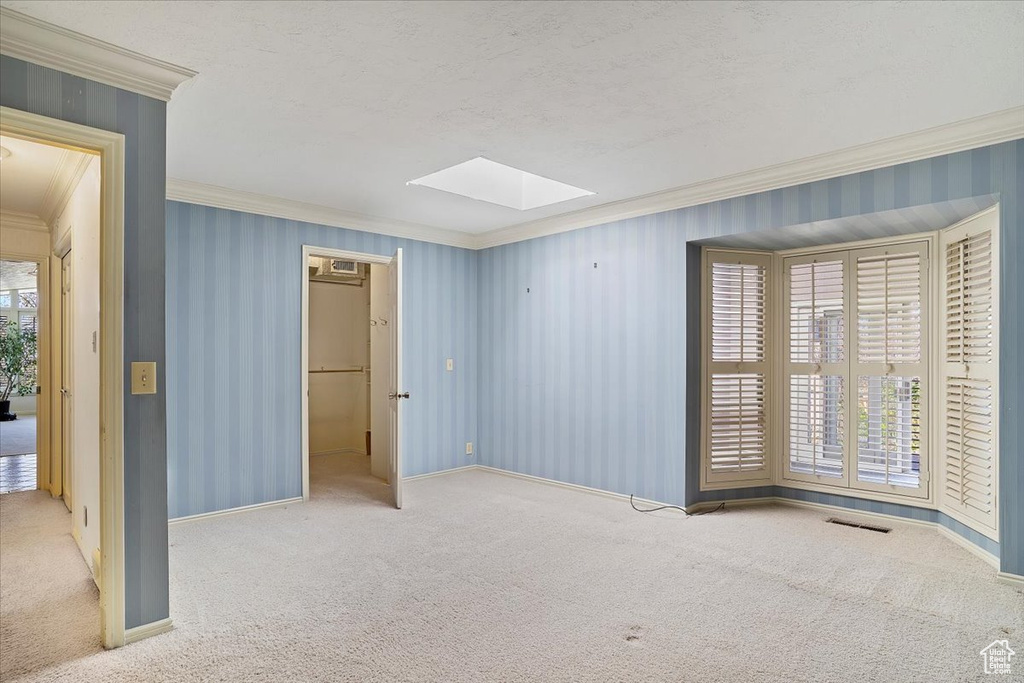 Carpeted empty room with ornamental molding, a wealth of natural light, and a skylight