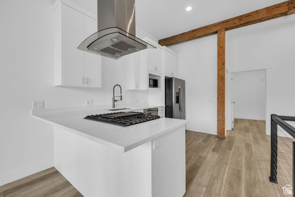 Kitchen featuring appliances with stainless steel finishes, light hardwood / wood-style floors, white cabinets, island range hood, and sink