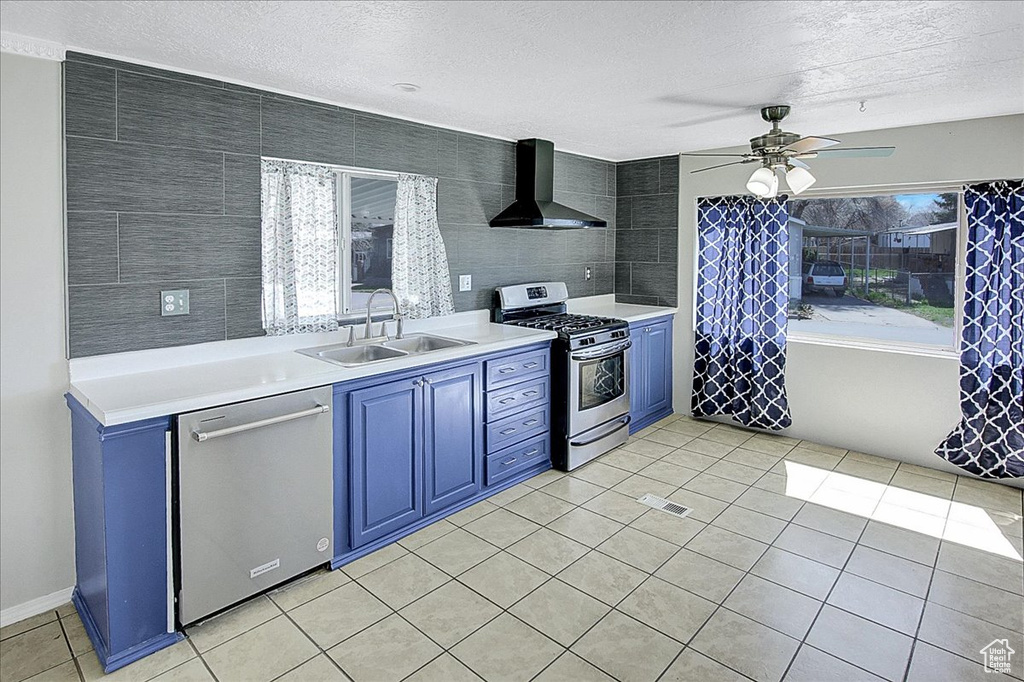Kitchen featuring sink, a healthy amount of sunlight, stainless steel appliances, and wall chimney exhaust hood