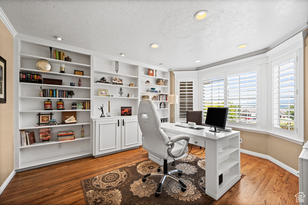 Home office featuring ornamental molding, light hardwood / wood-style floors, a textured ceiling, and built in features