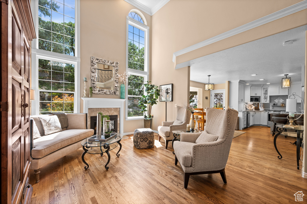 Living room featuring a tiled fireplace, crown molding, a towering ceiling, and light hardwood / wood-style flooring
