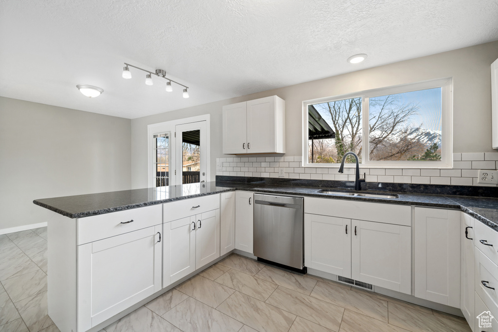 Kitchen with plenty of natural light, tasteful backsplash, white cabinets, and stainless steel dishwasher