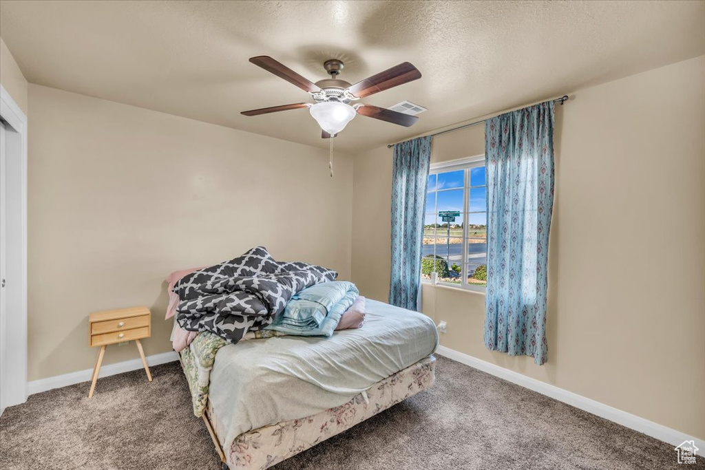 Bedroom with ceiling fan, a water view, and dark colored carpet