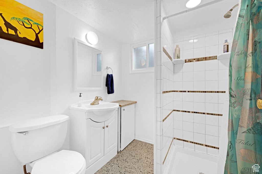 Bathroom with toilet, a shower with shower curtain, and vanity