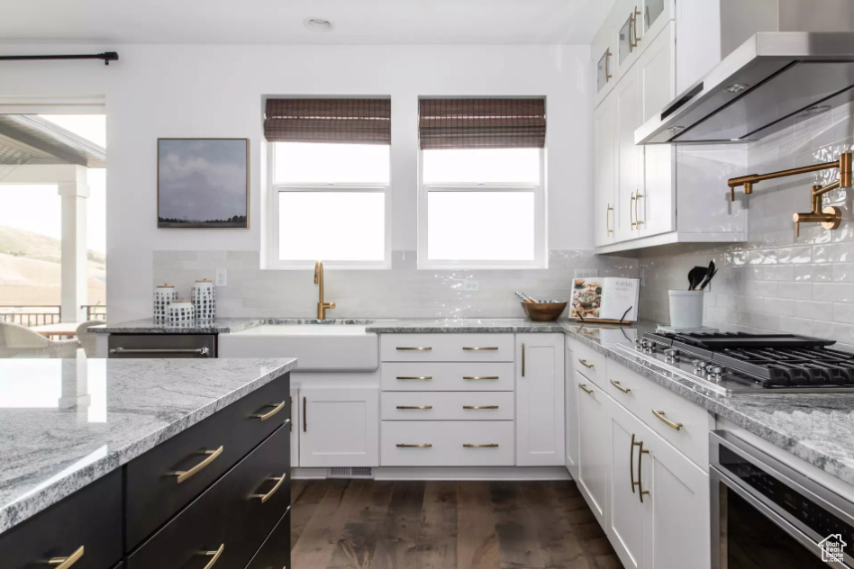 Kitchen featuring tasteful backsplash, dark wood-type flooring, light stone countertops, stainless steel gas stovetop, and white cabinets
