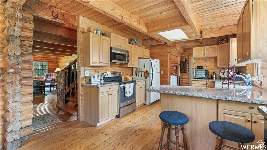Kitchen with rustic walls, stainless steel appliances, wood ceiling, and light wood-type flooring