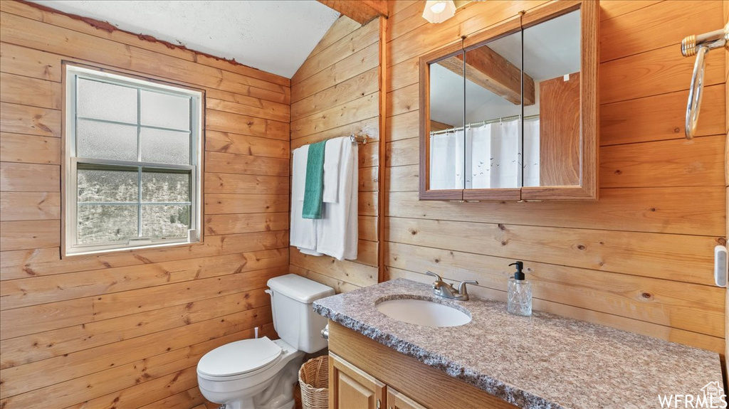 Bathroom with wood walls, vaulted ceiling, vanity with extensive cabinet space, and toilet