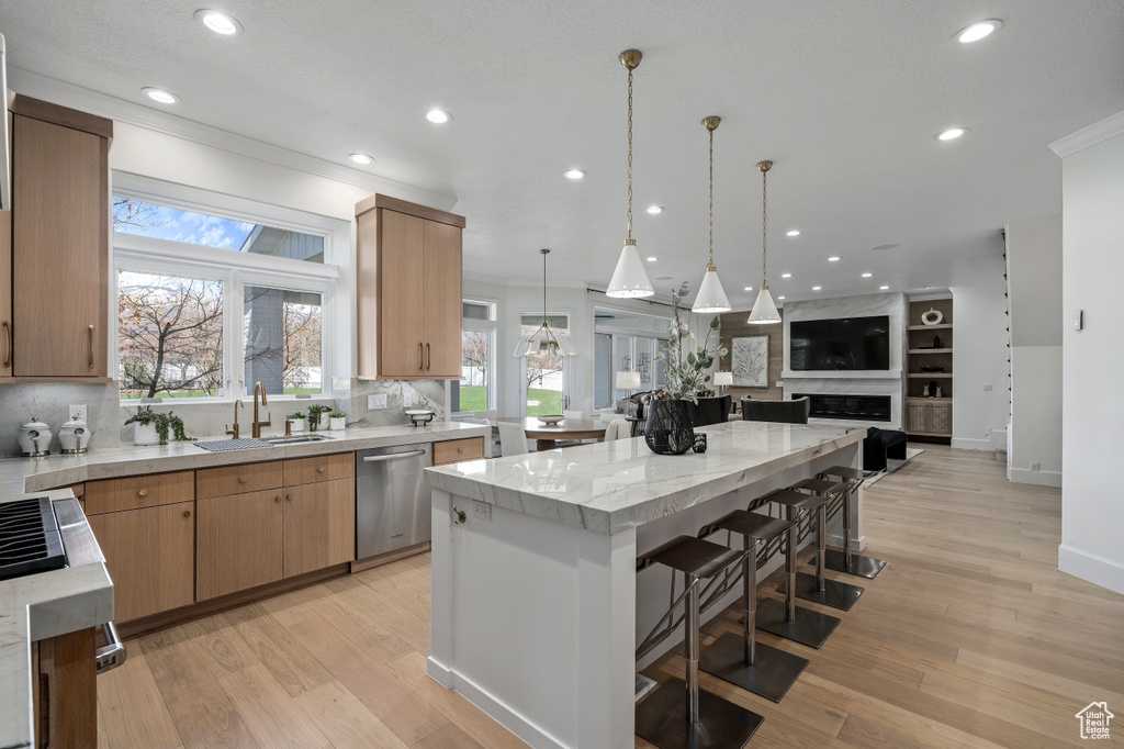 Kitchen featuring tasteful backsplash, light hardwood / wood-style flooring, dishwasher, and sink