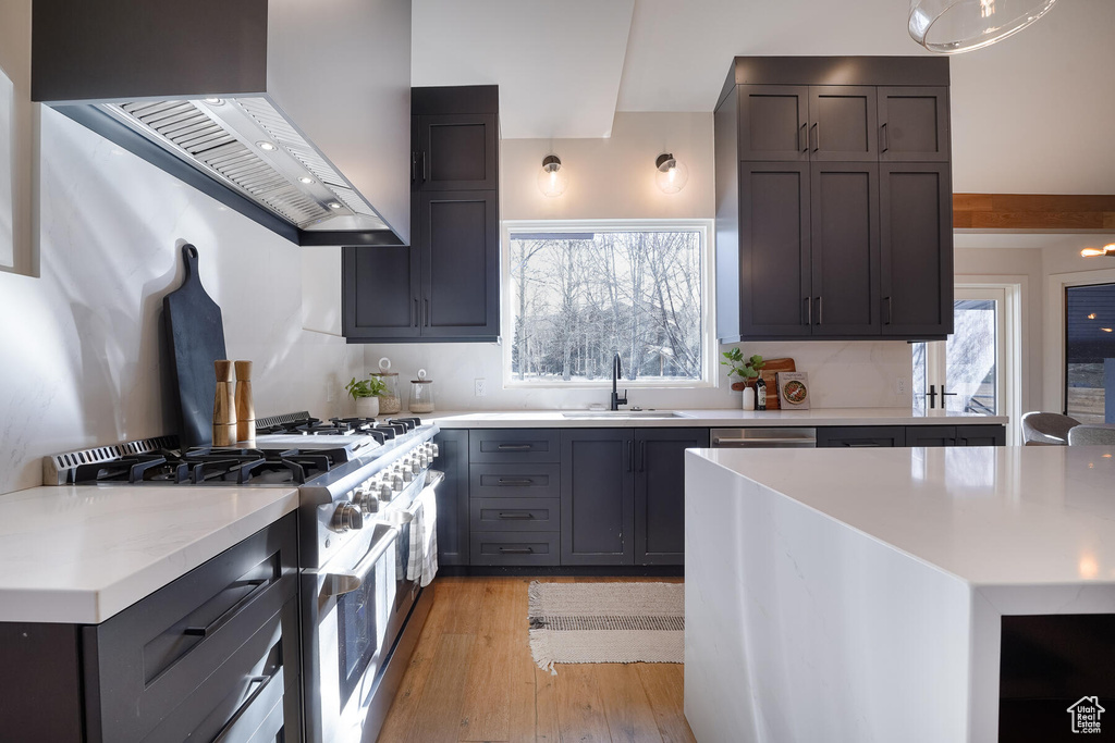 Kitchen featuring a healthy amount of sunlight, custom range hood, light hardwood / wood-style floors, and high end range