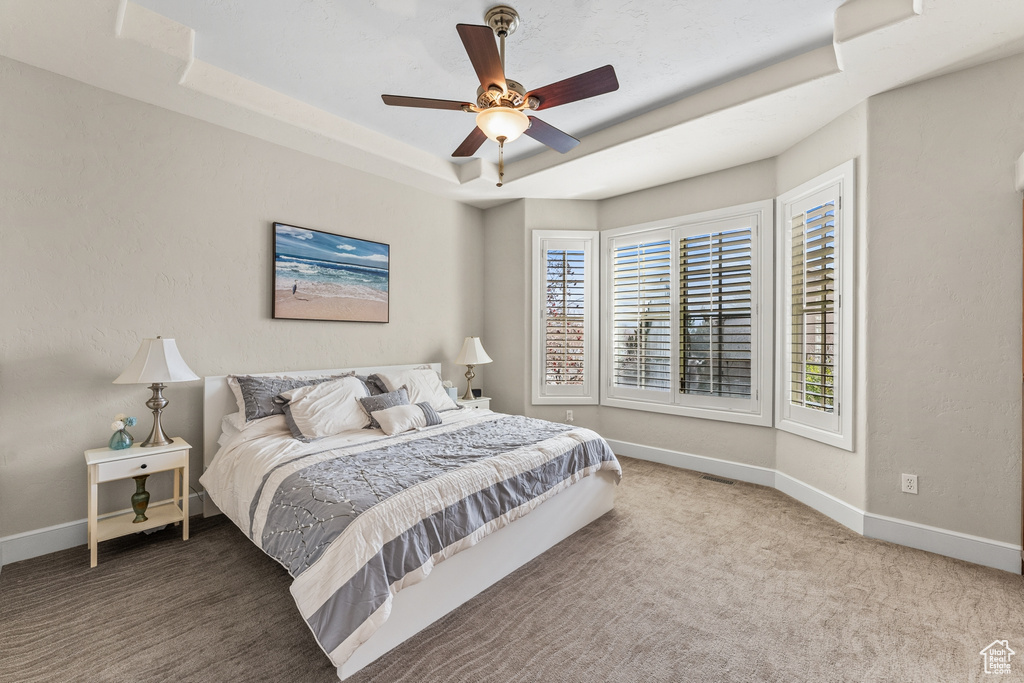 Carpeted bedroom with a raised ceiling and ceiling fan
