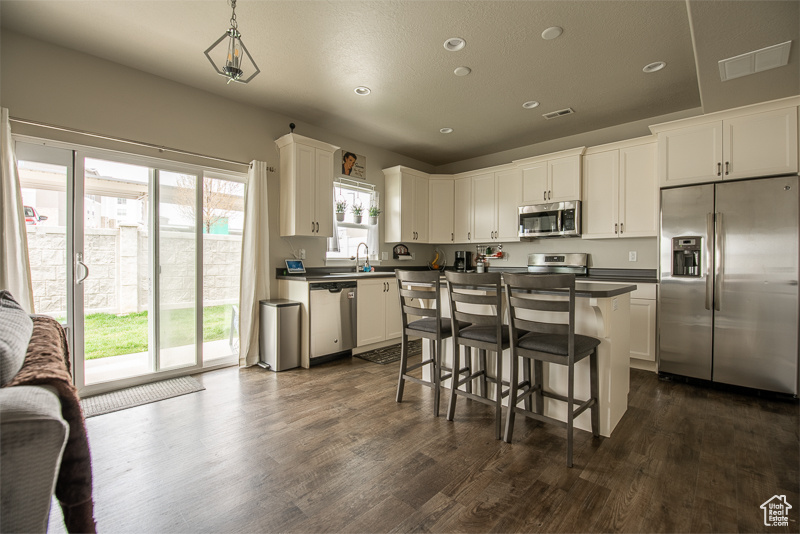 Kitchen with stainless steel appliances, white cabinetry, dark wood-type flooring, and a wealth of natural light