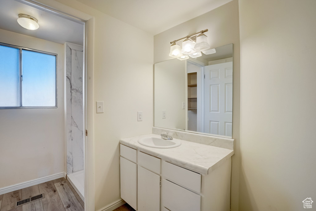 Bathroom with vanity and hardwood / wood-style flooring