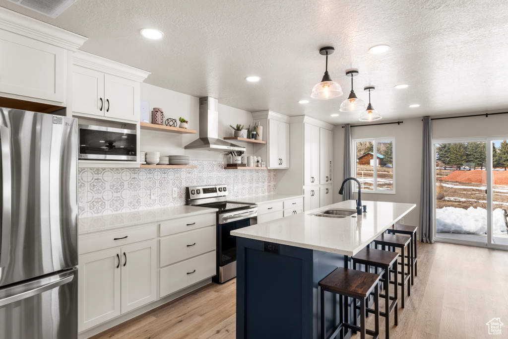 Kitchen featuring appliances with stainless steel finishes, hanging light fixtures, sink, and light wood-type flooring