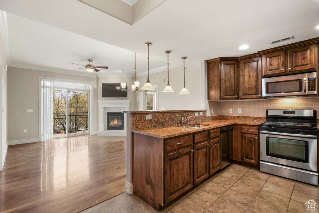 Kitchen with light hardwood / wood-style flooring, stainless steel appliances, kitchen peninsula, and ceiling fan with notable chandelier
