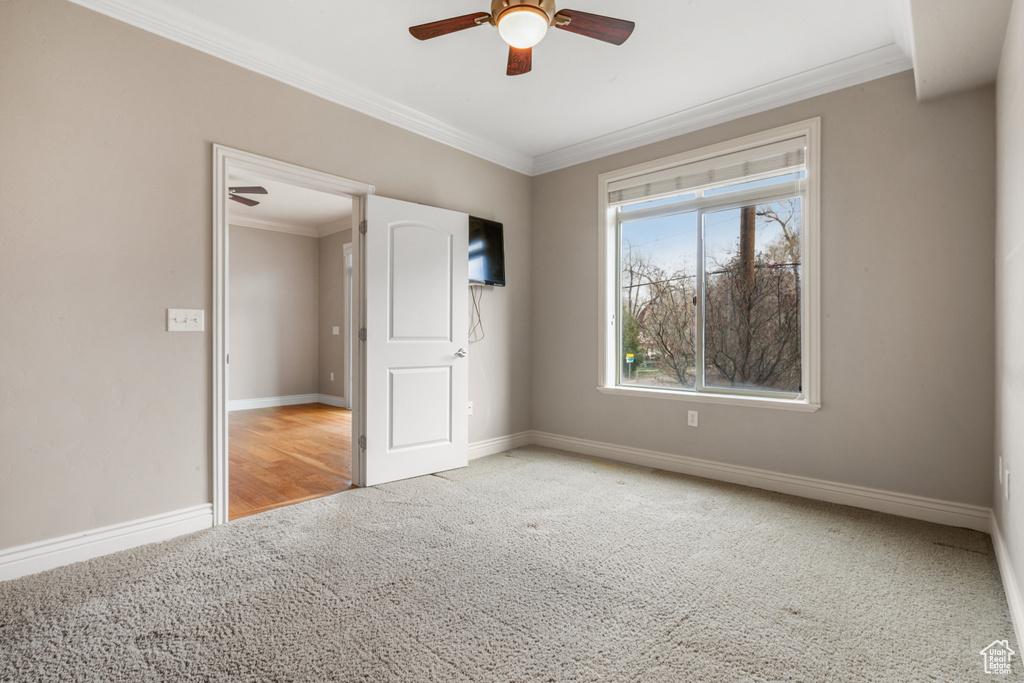 Spare room with ornamental molding, light colored carpet, and ceiling fan