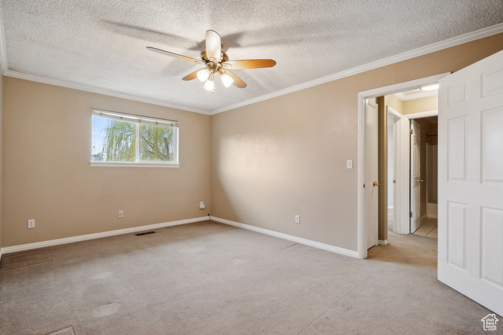 Carpeted empty room with a textured ceiling, ceiling fan, and ornamental molding