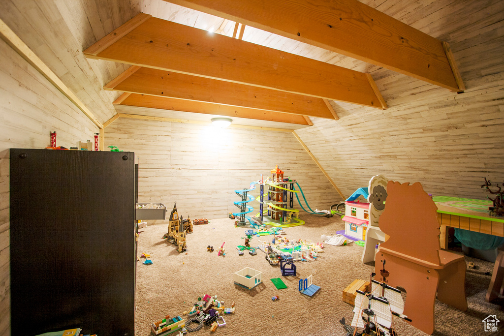 Playroom with carpet flooring, wooden walls, and wooden ceiling