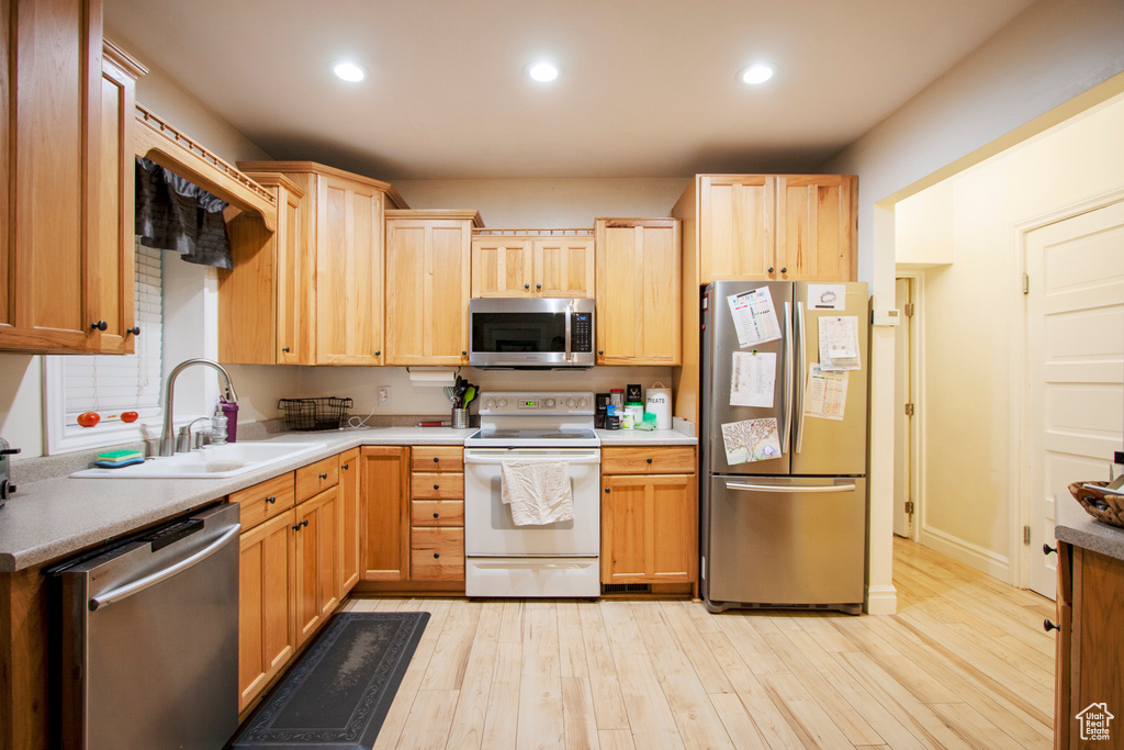 Kitchen featuring appliances with stainless steel finishes, sink, and light hardwood / wood-style flooring