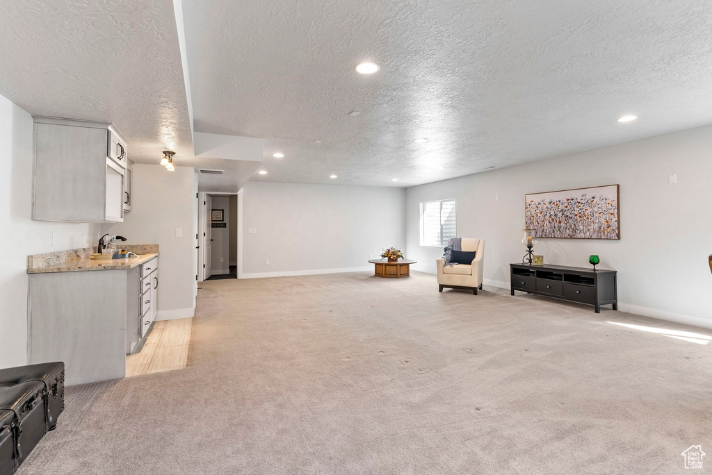 Carpeted living room with a textured ceiling and sink