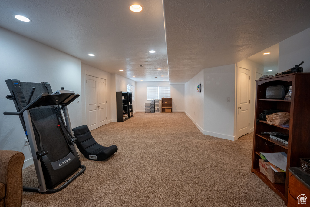 Workout room featuring a textured ceiling and light colored carpet