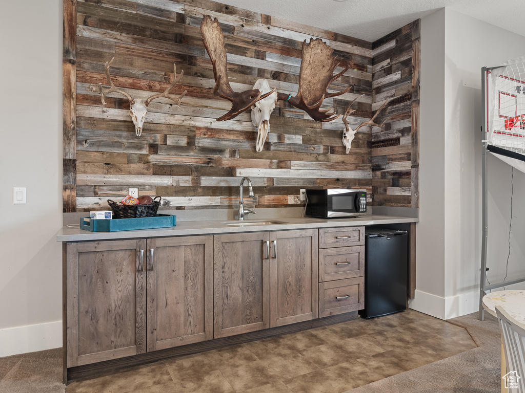 Kitchen featuring wooden walls, carpet floors, sink, and fridge