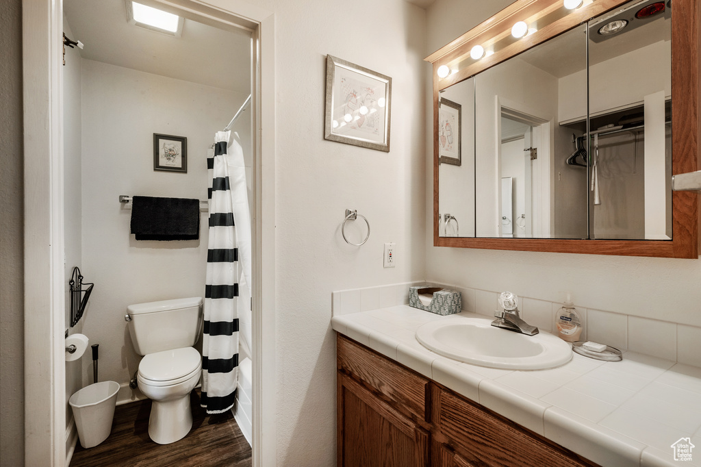 Bathroom featuring toilet, hardwood / wood-style flooring, and vanity with extensive cabinet space