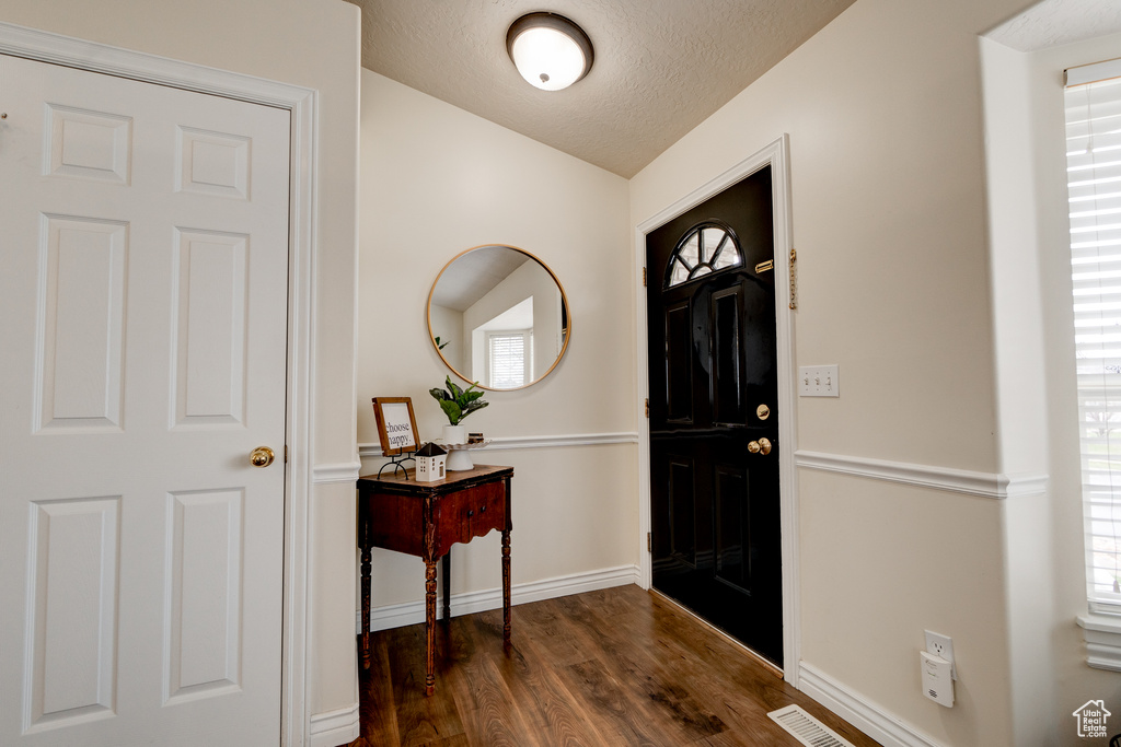Entrance foyer with plenty of natural light and dark hardwood / wood-style floors