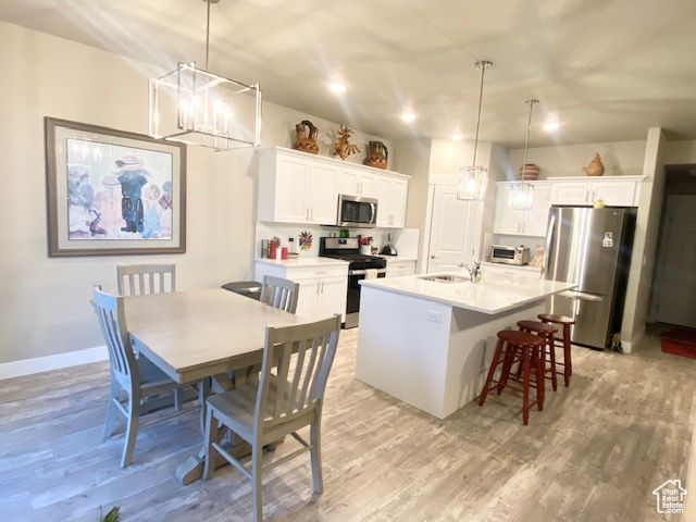 Kitchen featuring a center island with sink, decorative light fixtures, appliances with stainless steel finishes, and light wood-type flooring