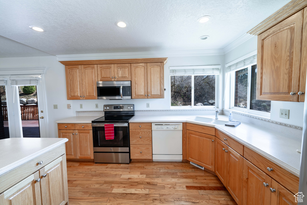 Kitchen featuring ornamental molding, sink, appliances with stainless steel finishes, and light hardwood / wood-style flooring