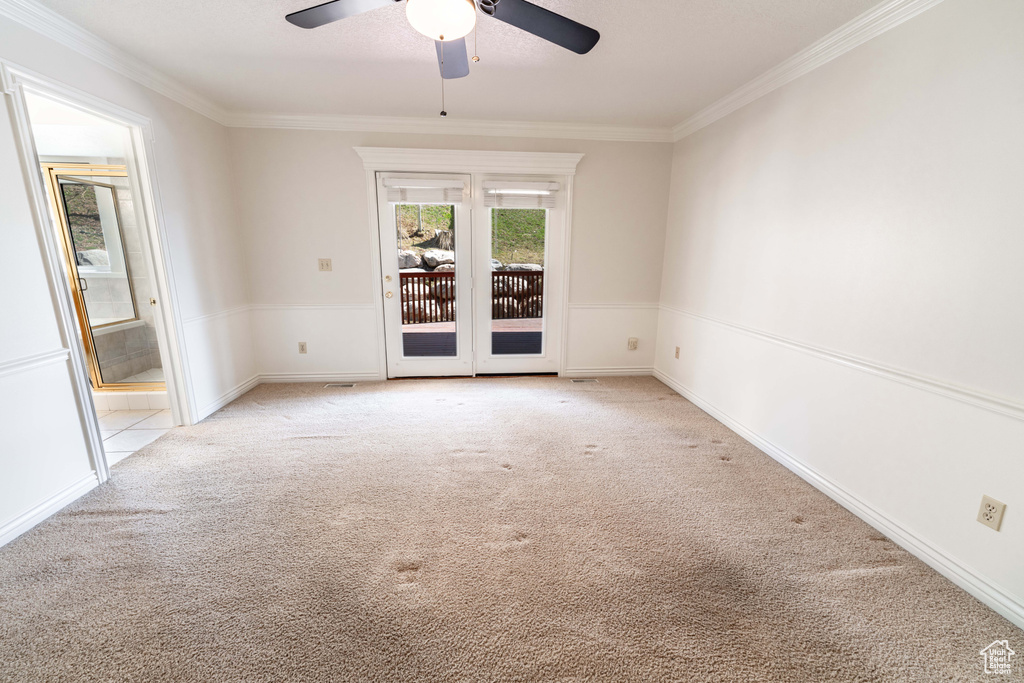Carpeted spare room featuring ceiling fan and ornamental molding